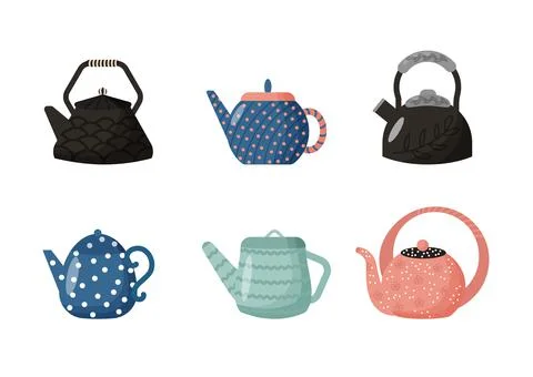 Kitchen Teapot set cartoon style vector Illustration. Kitchen utensils. Beati Stock Illustration