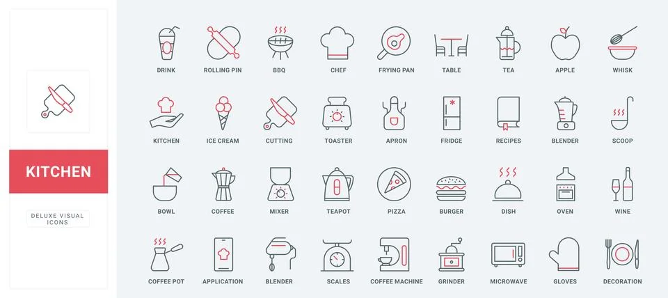 Kitchen thin black and red line icons set, chefs utensil and appliances for Stock Illustration