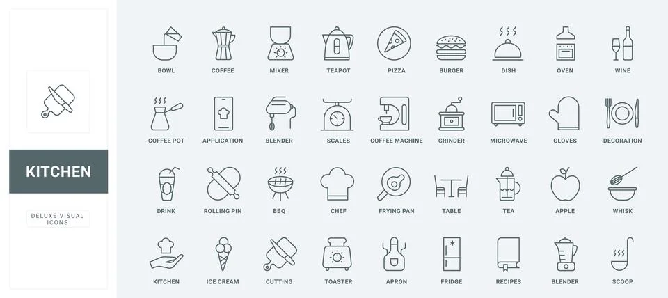 Kitchen thin black and red line icons set, chefs utensil and appliances for Stock-Illustration