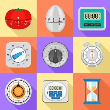 Kitchen timer icon set, flat style Stock Illustration