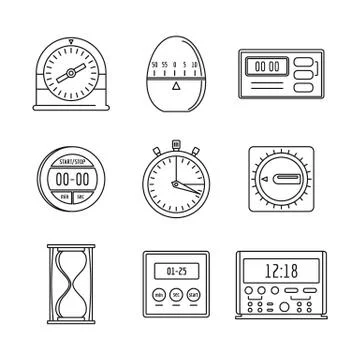Kitchen timer icons set, outline style Stock Illustration