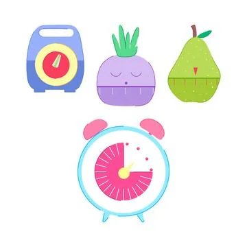 Kitchen timers and alarm clock flat illustration set イラスト素材