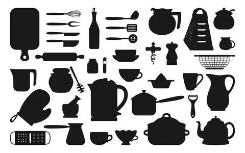 Kitchen tool black silhouette set modern cooking Stock Illustration