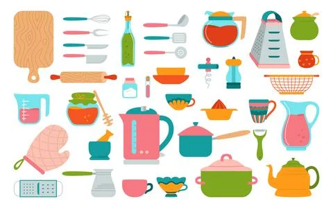 Kitchen tool flat set cartoon food preparation Stock Illustration