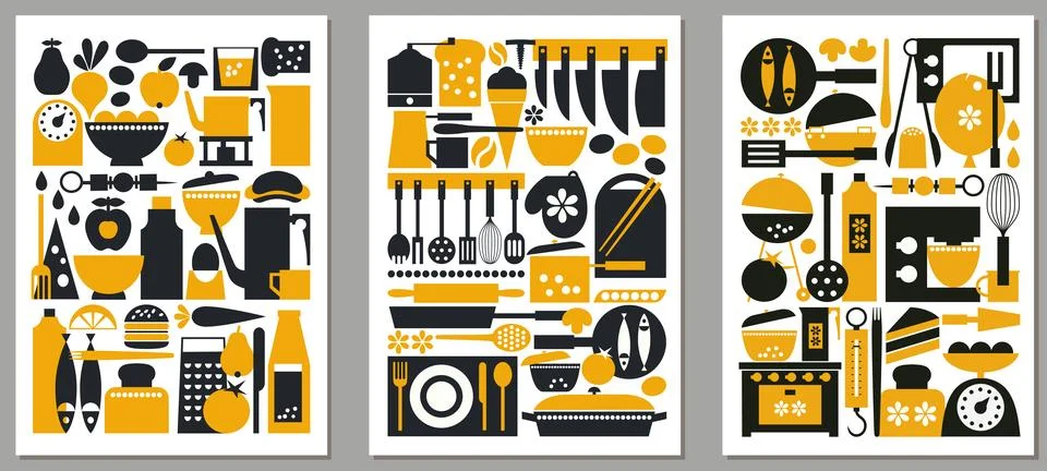 Kitchen Tool Poster Set Vector Illustrations in Vintage Style Stock Illustration