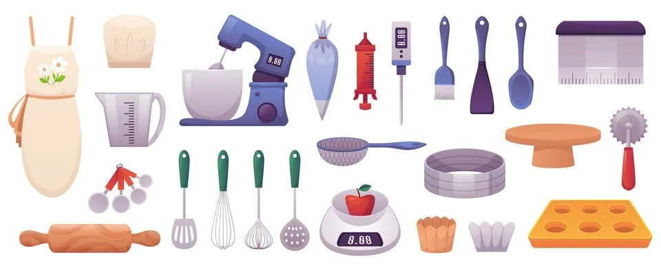 Kitchen tools and appliance flat vector set, cartoon confectionery equipment for Stock Illustration