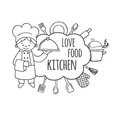 Kitchen tools and cook bubbles vector Illustrazione stock