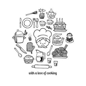 Kitchen tools and cook sketch icons isolation vector set Stock Illustration