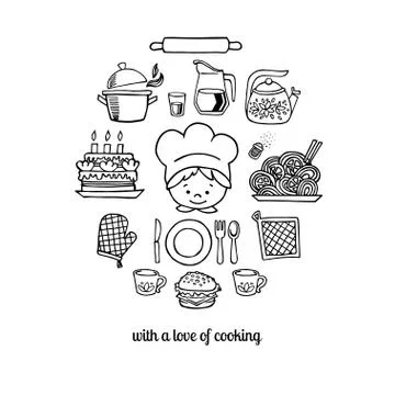 Kitchen tools and cook sketch icons Illustrazione stock
