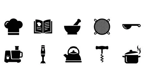 Kitchen tools and restaurant equipment icon set. Stock Illustration
