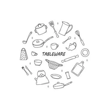 Kitchen tools and tableware doodle icon. Vector illustration set of element.. Stock Illustration