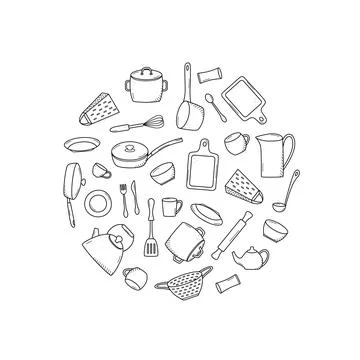 Kitchen tools and tableware doodle icon. Vector illustration set of elements  Stock Illustration