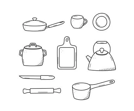 Kitchen tools and tableware doodle icon. Vector illustration set of elements  Stock Illustration