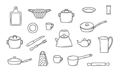 Kitchen tools and tableware doodle icon. Vector illustration set of element.. Stock Illustration