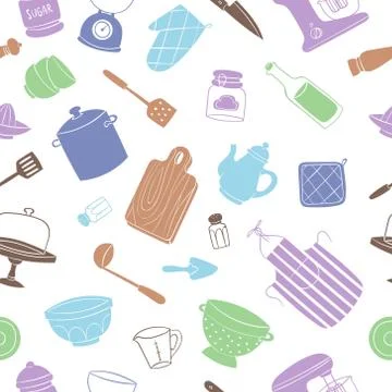 Kitchen tools and utensils seamless pattern vector illustration. イラスト素材