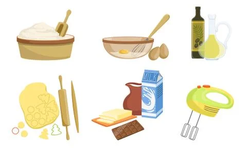 Kitchen Tools And Utensils Set, Baking Ingredients, Bakery Elements Vector Stock Illustration