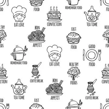 Kitchen tools black and white seamless pattern vector. Stock Illustration