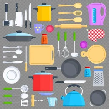 Kitchen tools, cookware and kitchenware flat icons Stock Illustration