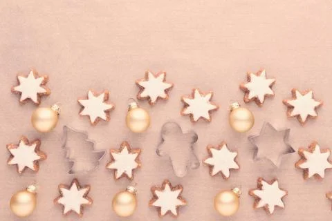 Kitchen tools for dessert baking and star cookies with decoration on baking Stock Photos