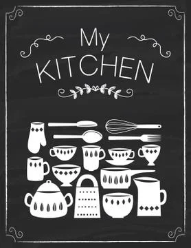 Kitchen tools doodle on the black board Stock Illustration