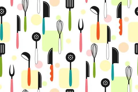 Kitchen tools fork retro seamless pattern whisk Stock Illustration