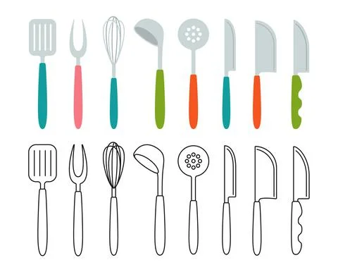Kitchen tools fork spoon utensils cartoon set Stock Illustration
