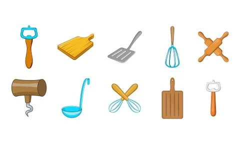 Kitchen tools icon set, cartoon style Stock Illustration
