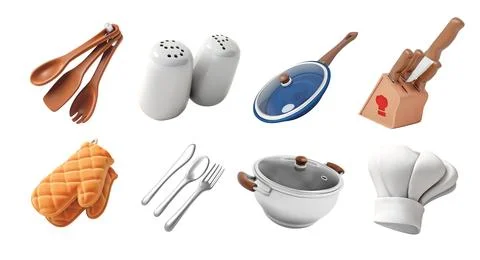 Kitchen tools isolated 3D vector icon render illustration set Stock Illustration