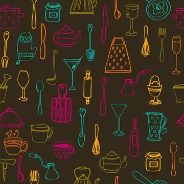 Kitchen tools. Kitchen seamless background Stock Illustration