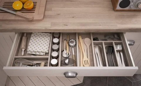 Kitchen tools in an open drawer Stock Illustration