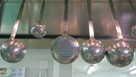 Kitchen tools for professional chef inside the restaurant kitchen Stock Footage 145963331