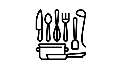 Kitchen tools restaurant chef line icon animation Video stock 326131167