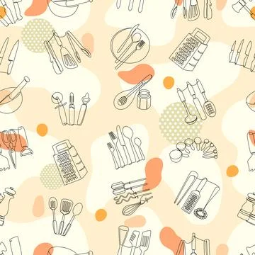 Kitchen tools seamless pattern. Continuous line drawing kitchenware. Plate and Illustrazione stock