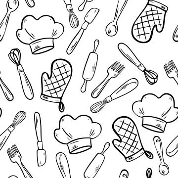 Kitchen tools seamless pattern. Doodle free hand style for kitchen stuff. Kit Stock Illustration