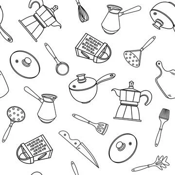 Kitchen tools seamless vector pattern. Hand-drawn illustration Stock Illustration