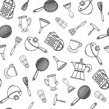 Kitchen tools seamless vector pattern. Hand-drawn illustration Stock Illustration