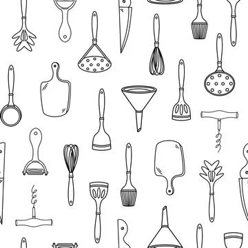 Kitchen tools seamless vector pattern. Hand-drawn illustration on a white イラスト素材