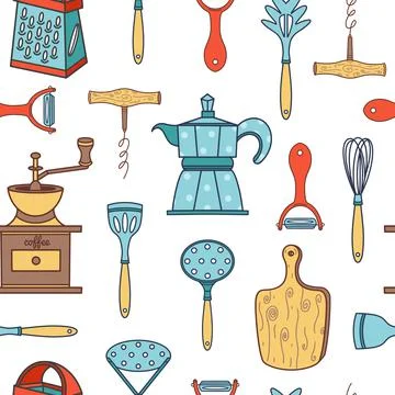 Kitchen tools seamless vector pattern. Hand-drawn color illustration Stock Illustration