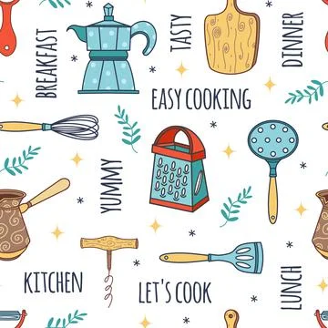 Kitchen tools seamless vector pattern. Hand-drawn illustration イラスト素材
