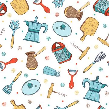 Kitchen tools seamless vector pattern. Hand-drawn illustration Stock Illustration