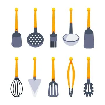 Kitchen tools set. Kitchenware, frying spoon, cook appliances. Stock-Illustration
