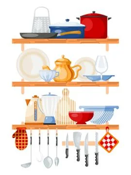 Kitchen tools on shelves vector illustration. Wooden shelf with kitchenware for Stock Illustration