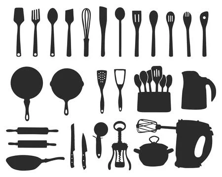 Kitchen tools silhouette, Kitchen utensils silhouette, Cooking tools SVG Stock Illustration