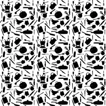 Kitchen Tools Silhouette. Seamless Pattern. Vector illustration. Stock Illustration