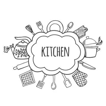 Kitchen tools sketch bubbles vector illustration. Stock Illustration