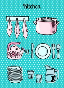 Kitchen tools on a turquoise background vector Stock Illustration