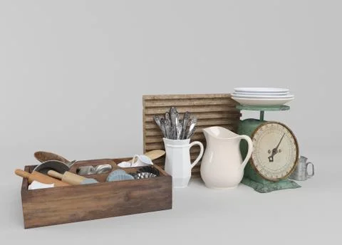 Kitchen tools with wooden cutting board and other kitchen bits and pieces. 3D Stock Illustration