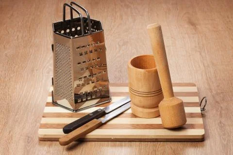Kitchen tools on the wooden table Stock Photos