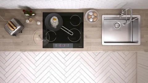Kitchen top view with induction gas stove Illustrazione stock