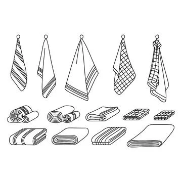 Kitchen Towel Set Vector Tea Towels Dish Cloth Napkin Hanging and Folded Icons Stock Illustration